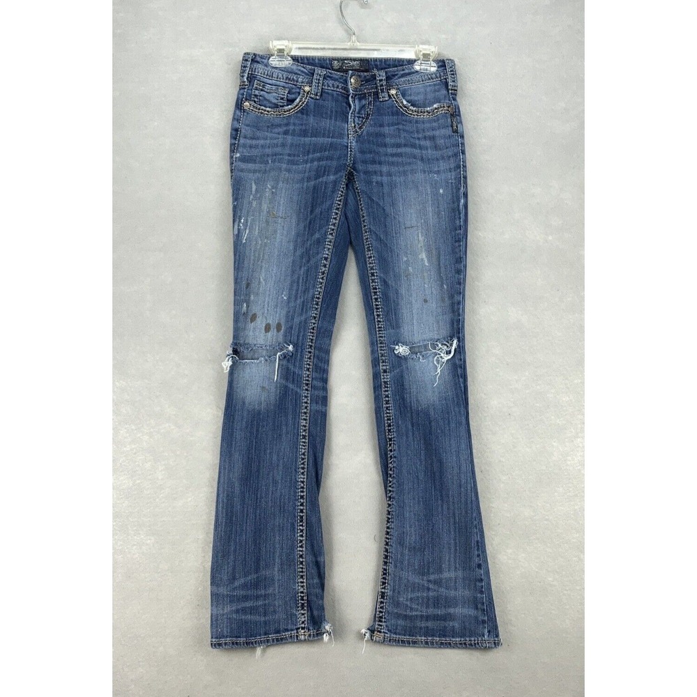 Silver Jeans Women's Size 26/33* Aiko Mid Rise Boot Cut Stretch Distressed 29x32